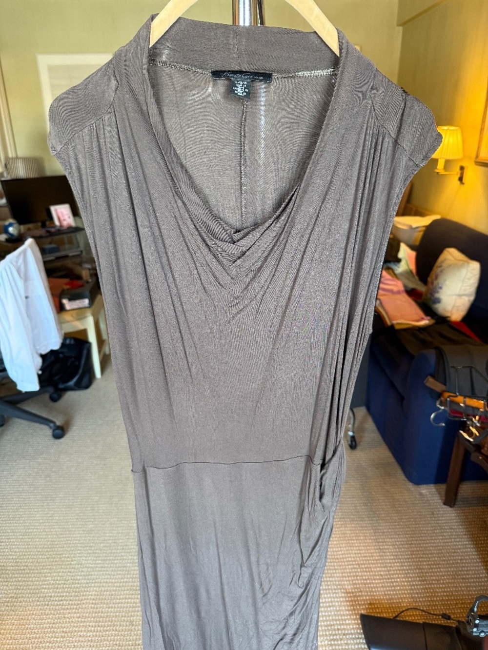 90's Kenneth Cole Draped Cowl Neck Sleeveless Midi Dress with Ruched Detail